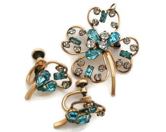 Vintage 12K goud gevulde pin hanger ketting en oorbellen Vintage sieraden delicate broche hanger en oorbellen Iets blauw
