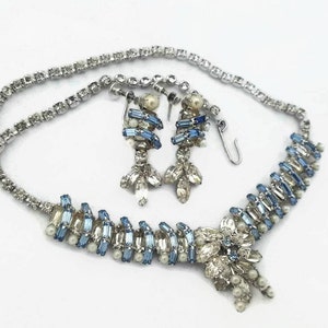 Bridal Jewelry Vintage Rhinestone and Pearl Necklace, Bridal Necklace, Bridal Earrings, Vintage Bride Jewelry, Blue, Something Old, Unique