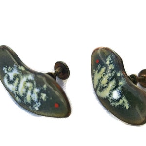 Enamel Earrings Enamel Jewelry Modernist Jewelry Enamel On Copper Jewelry Bronze Brown Screw Back Earrings Earings Vintage Jewelry