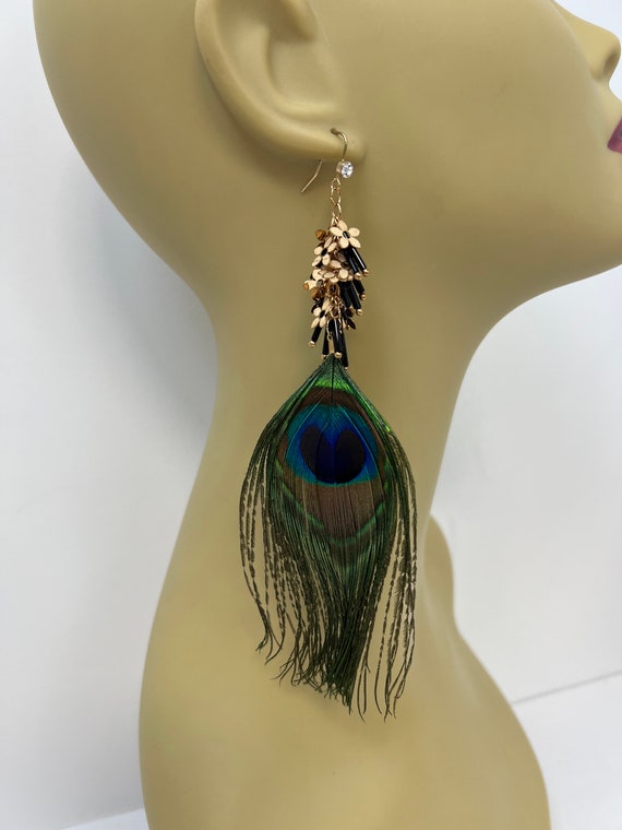 Large Peacock Feather Earrings Statement Earrings,