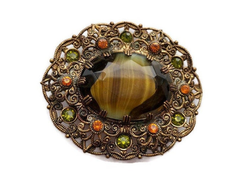 Etruscan Jewelry Rhinestone Brooch W Germany Brooch Ornate Edwardian Brooch Jewelry for Fall Brooch Pendant Vintage Brooch