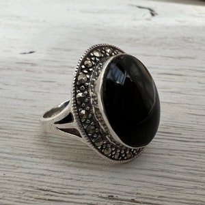 Black Onyx Ring Marcasite Sterling Silver Rings Vintage Womens Rings, Rings, Rings For Women, Size 6.5, Obsidian Ring,  Art Deco Jewellery