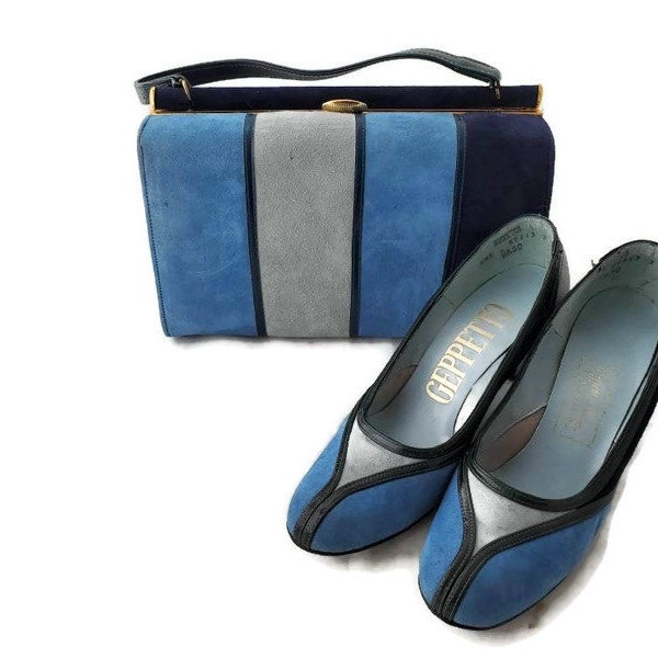 Geppetto Shoes and Matching Handbag, Blue Gray Shoes Women Mary Jane Pumps Faux Suede, Shoe size 5 1/2