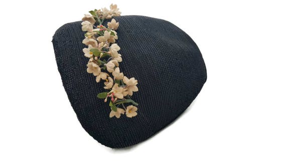 Vintage Hat, Cocktail Hat, Black, Pillbox Hat,  F… - image 2