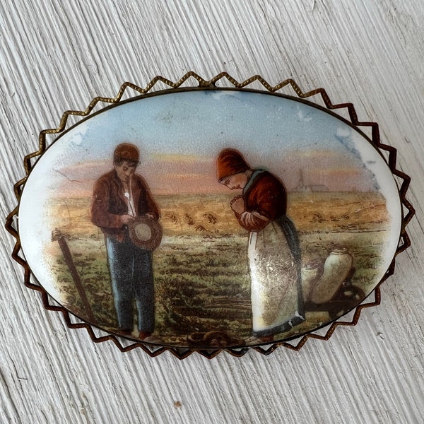 Antique Picture Brooch Farmers Praying in Field 1800s C Clasp Pin Vintage