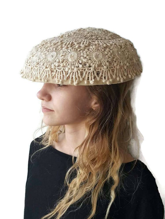 1940s Lace Platter Hat, White Victorian Hat, Vinta