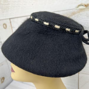 Wool Cloche Bucket Hat Vintage Wool Fur Hat Black with Beige White Accents Small Medium hats For Women or Girls, Winter or Fall Hats