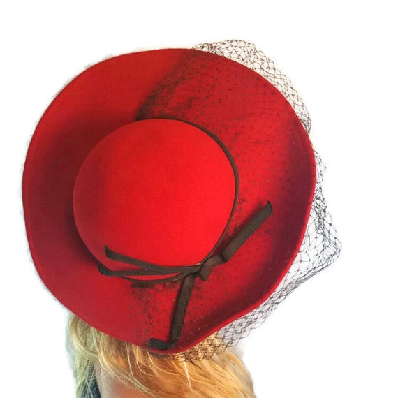 Red Wide Brim Hat With Veil, Fancy Red Hat for Wo… - image 2