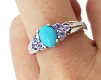 Sleeping Beauty Turquoise Ring with Tanzanite Sterling Silver Turquoise Jewelry, Size 7 1/2 Turquoise Ring Vintage Rings