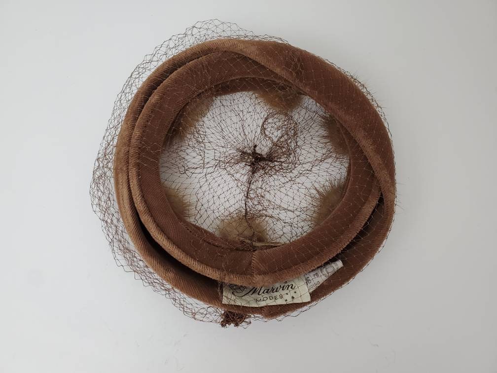 Mink Fur Pillbox Hat With Face Veil, 1940s Designer Marvin  display picture 1
