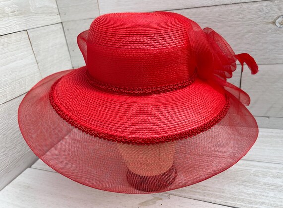 Red Fancy Sun Hat Vintage 1990s, Size Large, Wide Brim Red  display picture 2