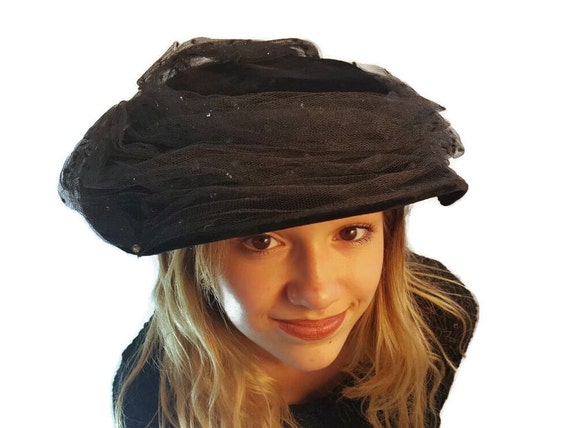Victorian Hat, Vintage, Black, Halo, Platter Hat,