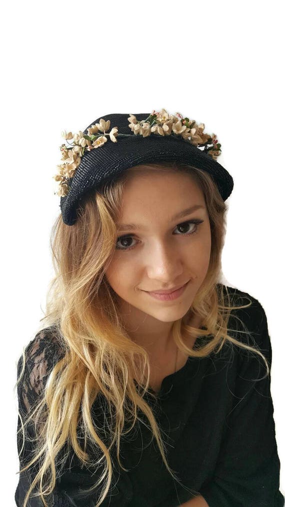 Artsy 1960’s Black Straw Hat, Black Cocktail Party Hat, Pillbox Hat Buy 1960 main image 2