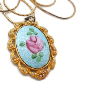 Guilloche Necklace, Victorian Necklace with Enamel and seed Pearls, GF Gulloche Pendant Neckace Blue and Pink, Gifts for Women