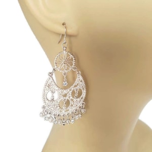 Chandelier Earrings For a Wedding Long Silver Dangle Earrings With Rhinestones and Fringe Fish Hook Earrings