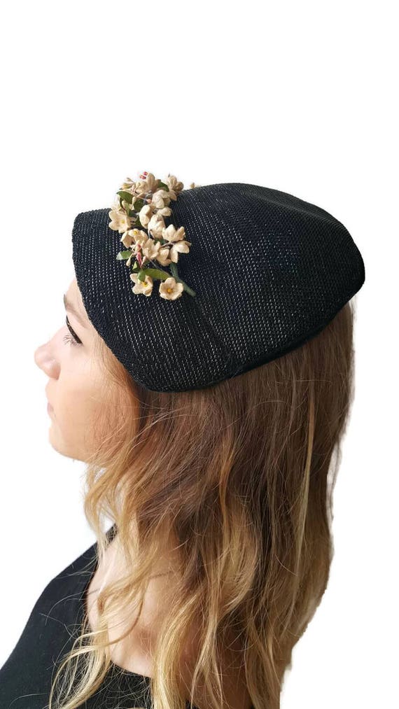 Vintage Hat, Cocktail Hat, Black, Pillbox Hat,  F… - image 3