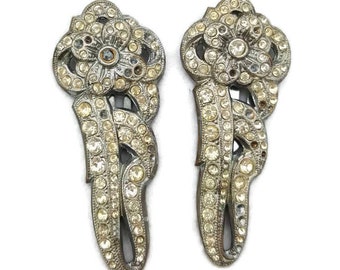 Vintage Dress clips 1920s Pair of Dress Clips, Marcasite, Floral Clips, Rhinestone Clips, Wedding, Art Deco Accessories