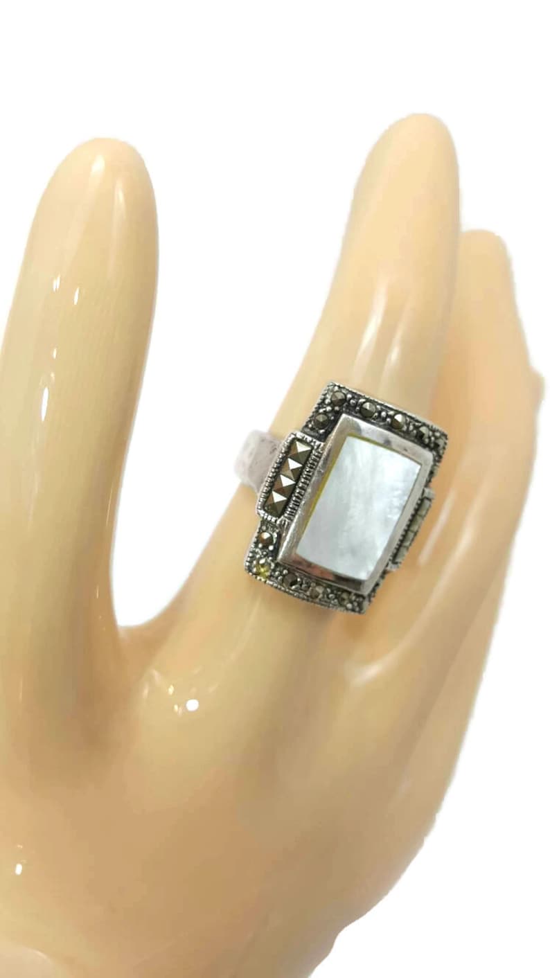 Sterling Marcasite Ring of Mother of Pearl Ring MOP Antique Ring Sterling Silver Size 6 Vintage Jewelry Gifts For Her Gi