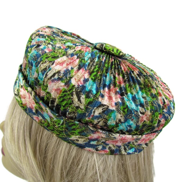 Turban Hat 1940s Colorful Women's Hat Tropical Flowers Round Pillbox Vintage Hats Church Hats For Women