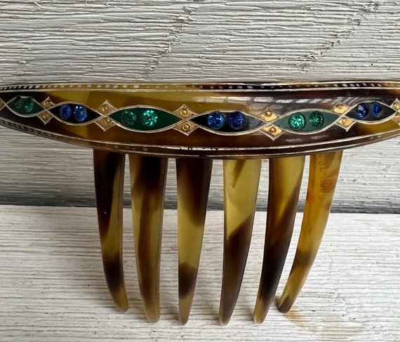 Antique Art Deco Hair Comb Dark Green, Blue, Gold… - image 1