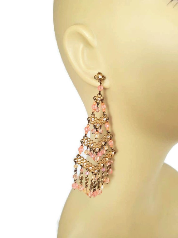 Long Gold Pink Clip-On Earrings Drop Dangle Glass Beads Costume Jewellery 