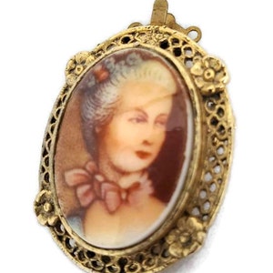 Cameo Pendant Brooch Vintage Ornate Victorian Jewelry, Floral Framed Porcelain Pendant For Necklaces