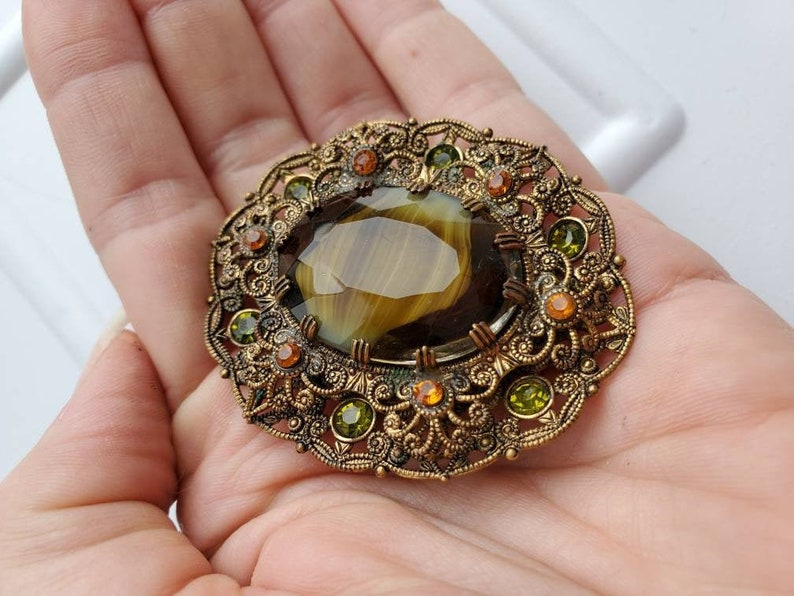 Etruscan Jewelry Rhinestone Brooch W Germany Brooch Ornate Edwardian Brooch Jewelry for Fall Brooch Pendant Vintage Brooch