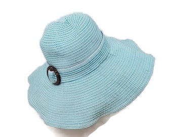 Vintage Cappelli Sun Hat Teal blue and White Stripped Sun Hat with Wide Brim Adjustable one size fits all Floppy Sun Hat, Womens Hats