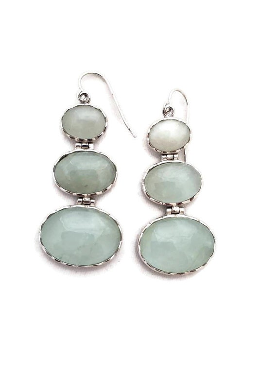 Jadeite Earrings, Sterling Silver Long Dangle Ear… - image 1