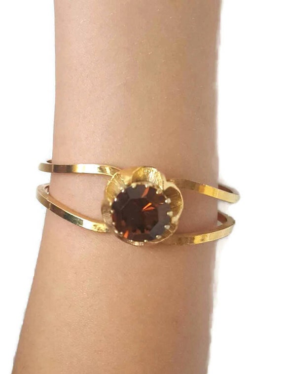 Clamper Bracelet Vintage Amber  Rhinestone Bangle… - image 1