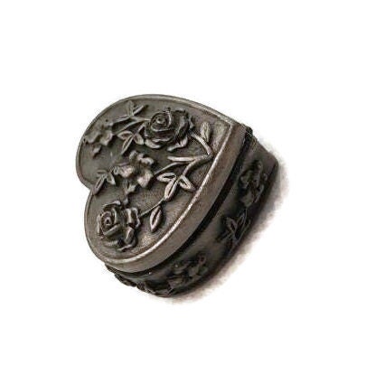 1980s Vintage Torino Trinket Box, Heart Shaped Pewter Rose Floral