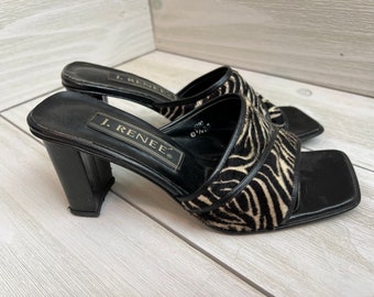 Shoes J Renee Size 6 1/2 M Black and White Animal Print Leather Vintage low heeled Shoes 1980s Shoes For Women Sandals