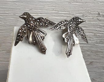 Boucles D'Oreilles Vintage Circa 1930 - Argent Massif, Perles Et Marcassites - Fermoir Clip