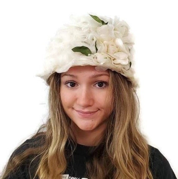 Tea Party Hat, White, Cloche, Bridal Hats Women, Tea Party Hats Women, Cloche Hat Summer, Flowered Hats, Hats For Bridal Shower