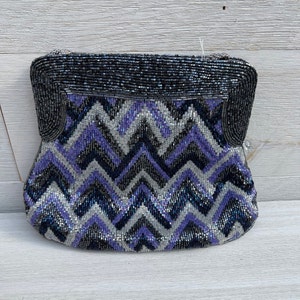 Beaded Chevron Handbag, Beaded Bag, Evening Purse Bag for Wedding Bags, Beaded Purses, Art Deco Black Purple Evening Purses Bags For Women