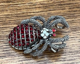 Vintage Spider Pendant Brooch Red Rhinestone Spider Brooch Pin Halloween Jewelry