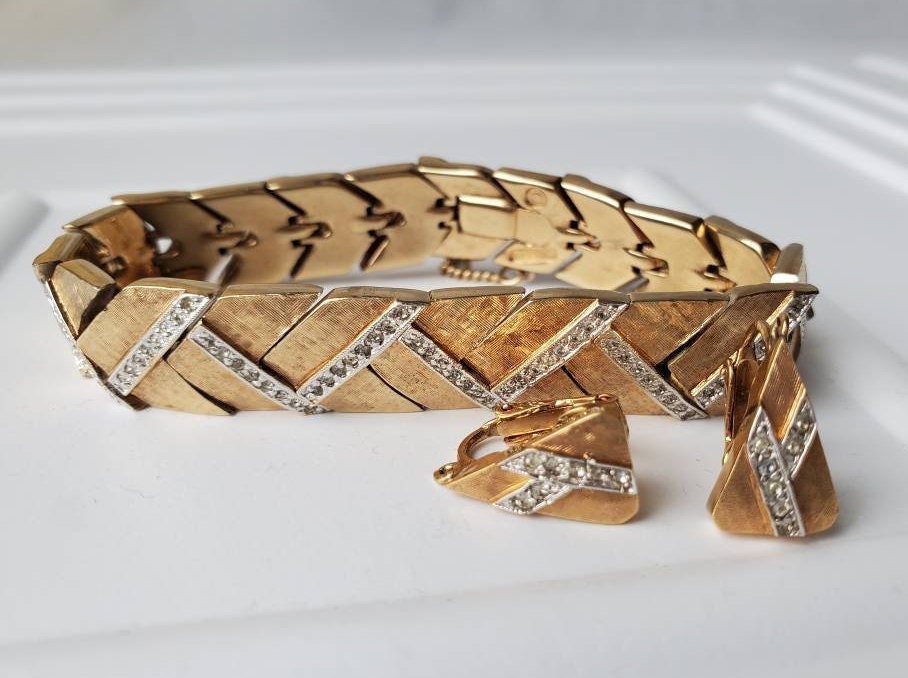 Panetta Jewelry Signed Gold Faux Diamond Bracelet and Earrings