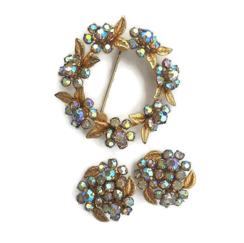 Jewelry Weiss CO N.Y. WEISS Jewelry Set Weiss Crystal Wedding Jewelry Vintage Bridal Jewelry Brooch Rhinestone Earrings Floral