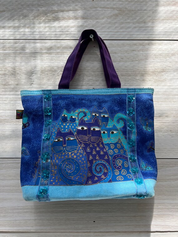 Laurel Burch Blue Cat Butterfly Canvas Handbag Designer Tapestry Kelly Style Purse Bag Vintage Etsy