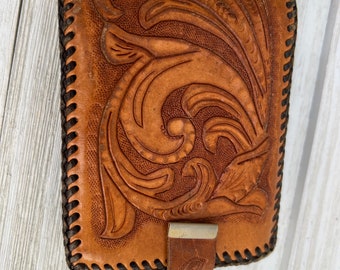 Cartera de cuero repujado de los años 60 Cartera vintage con flores para mujer Cartera de cuero repujado repujado a mano Cartera de cuero antiguo vintage