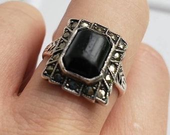 Uncas Sterling Art Deco Ring Antique Ring Silver Marcasite Ring Jewelry 1920s Great Gatsby Jewelry Rings Size 8 Rings for Women