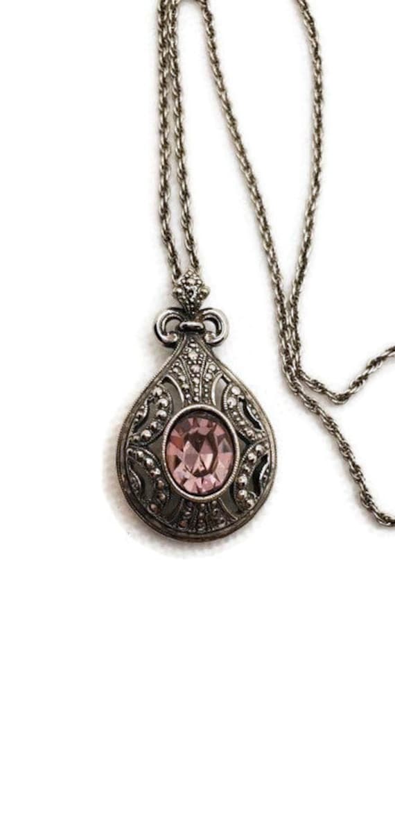 Art Deco Pendant Necklace Faux Marcasite's and Amethyst, Ornate Art Deco Jewelry