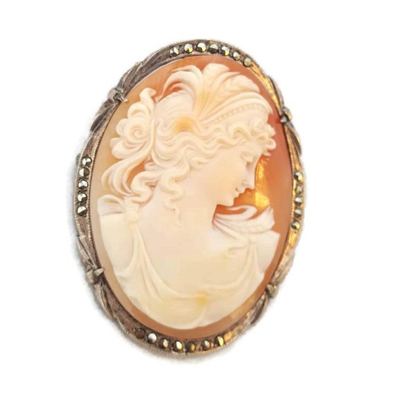 Vintage 800 Silver Shell Cameo Brooch and Pendant for Cameo