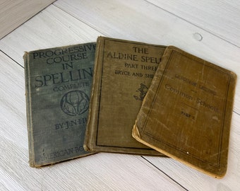 Set of Three Early 1900s School Books Spelling Language English Grammar Book, Antiquarian & Collectible Encyclopedias, Antique Books