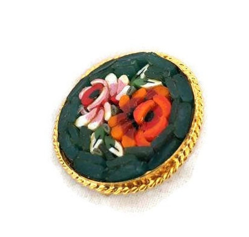 Small Antique Mosaic Pin Green with Red Roses Brooch Vintage Floral Pins Brooches
