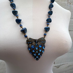 Antique 1920s Art Deco Pendant Necklace True Vintage Faux Blue Sapphire, Bold Elegant Vintage Necklaces For Women