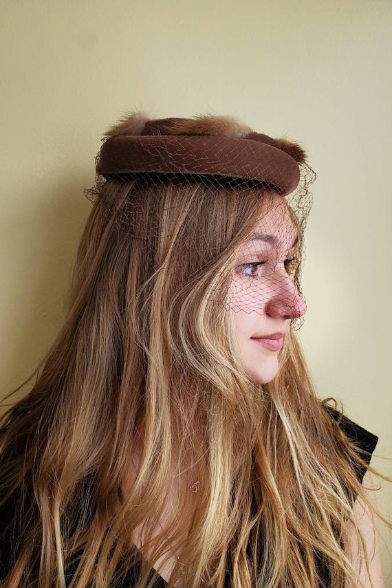 Mink Fur Pillbox Hat With Face Veil, 1940s Designer Marvin  display picture 1