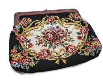 Victorian Tapestry Purse Bag With Lucite Handle, Evening Purse, Ornate Frame Fancy Vintage Clutches