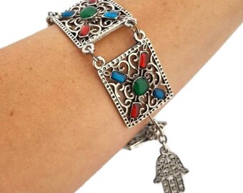 Vintage Hamsa Bracelet, Colorful Hamsa Jewelry, Hamsa Hand Bracelet Vintage Bracelets For Women