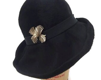 Black Cloche Hat Vintage Mr. Henri Hat Made in Italy Wool 